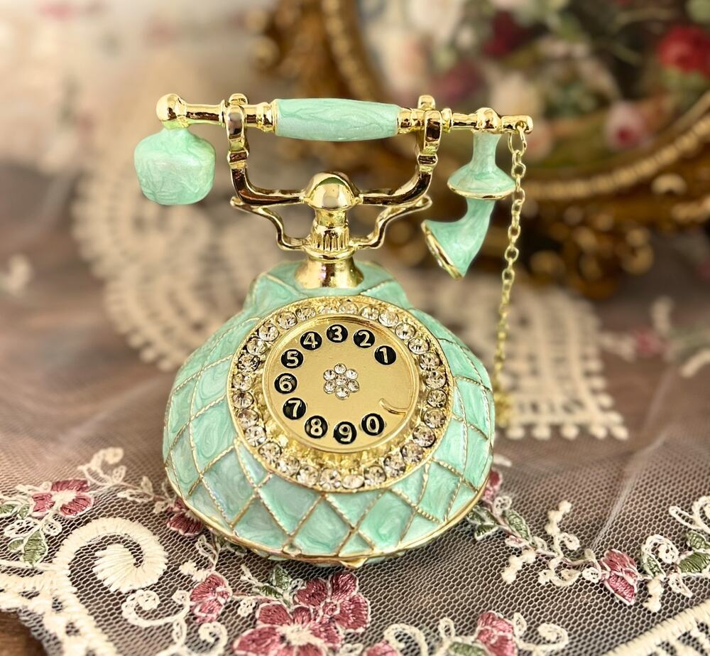 Vintage Inspired Mint Green Gold Rotary Phone Jewelry Trinket Box Gift Decor